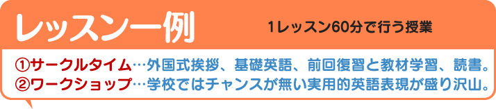 レッスン一例、1レッスン60分で行う授業、①サークルタイム…外国式挨拶、基礎英語、前回復習と教材学習、読書。②ワークショップ…学校ではチャンスが無い実用的英語表現が盛り沢山。