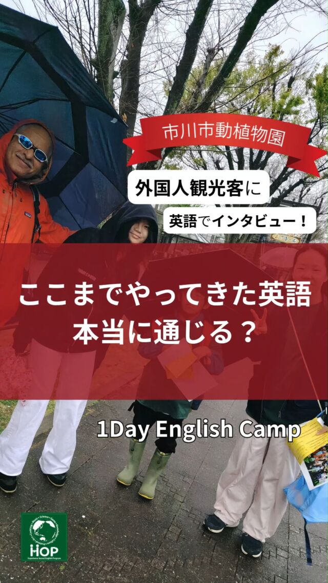 今回が、学校の先生やHOPの講師以外で、外国人と話すのは初めての子たちばかり！
本当に自分の英語が通じるのか？と不安いっぱいの子供たちでしたが、実際はとても堂々と話しかけていました！

週１のレッスンでも、HOPに通って下さる生徒さんはみんな「話せるようになりたい！」が目標で、日常生活に役立つ内容を実践的に学んでいるからこそ、コミュニケーションとしての英語スキルが身につきます！#市川市　 #英会話　 #体験型　 #外国人インタビュー #市川市動植物園