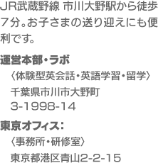 JR武蔵野線 市川大野駅から徒歩７分。お子さまの送り迎えにも便利です。運営本部・ラボ〈体験型英会話・英語学習・留学〉千葉県市川市大野町3-1998-14、東京オフィス〈事務所・研修室〉東京都港区青山2-2-15